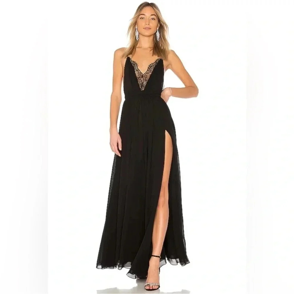 Revolve Michael Costello Justin black lace maxi open slit dress
